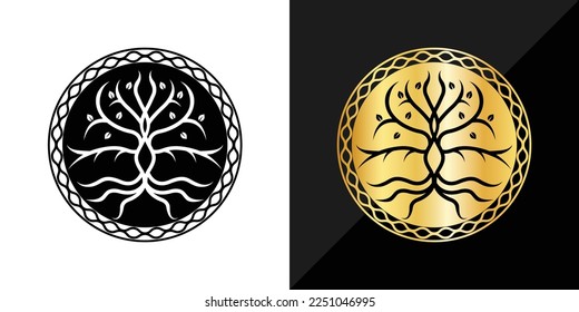 Yggdrasil tree of life Celtic sacred symbol. Celtic astronomy is a magical symbol of rebirth, positive energy and balance in nature. Vector tattoo, logo. Yggdrasil is a symbol of Scandinavian mytholog