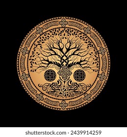 Yggdrasil tree of life Celtic sacred symbol. Celtic astronomy is a magical symbol of rebirth, positive energy and balance in nature. Vector tattoo, logo, print.