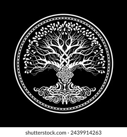 Yggdrasil tree of life Celtic sacred symbol. Celtic astronomy is a magical symbol of rebirth, positive energy and balance in nature. Vector tattoo, logo, print.