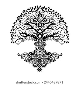 Yggdrasil árbol de la vida símbolo sagrado celta. La astronomía celta es un símbolo mágico de renacimiento, energía positiva y equilibrio en la naturaleza. Vector tatuaje, logotipo, impresión.