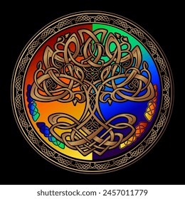 Yggdrasil tree of life Celtic sacred symbol. Celtic astronomy is a magical symbol of rebirth, positive energy and balance in nature. Vector tattoo, logo, print.