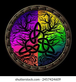 Yggdrasil tree of life Celtic sacred symbol. Celtic astronomy is a magical symbol of rebirth, positive energy and balance in nature. Vector tattoo, logo, print.