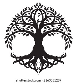 yggdrasil, tribal viking tree of life, in ornamental tribal round frame. viking concept