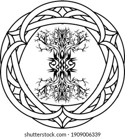 yggdrasil, viking tree of life, in knotted tribal celtic frame