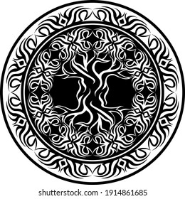 yggdrasil, viking tree of life, in ornamental tribal round frame