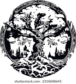 Yggdrasil World tree Black and White tattoo