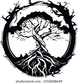 Tatuaje blanco y negro del árbol del mundo Yggdrasil