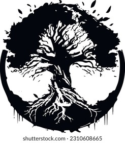 Tatuaje blanco y negro del árbol del mundo Yggdrasil