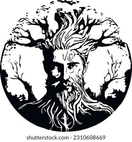 Tatuaje blanco y negro del árbol del mundo Yggdrasil