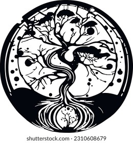 Yggdrasil World tree Black and White tattoo