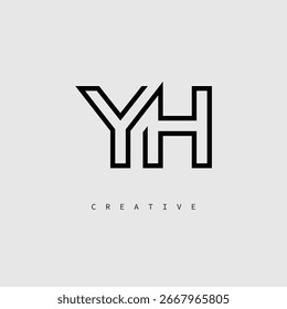 YH Creative Letter Logo - Monograma de linha mínima em contorno preto para design de identidade de marca moderno.