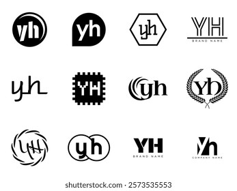 YH logo company template. Letter y and h logotype. Set different classic serif lettering and modern bold text with design elements. Initial font typography. Collection trendy business identity.