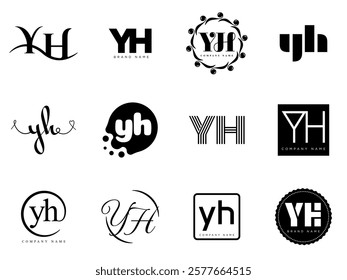 YH logo company template. Letter y and h logotype. Set different classic serif lettering and modern bold text with design elements. Initial font typography. Collection trendy business identity.