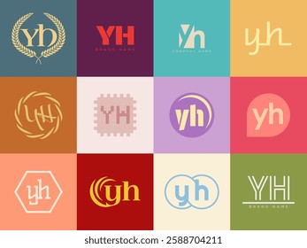 YH logo company template. Letter y and h logotype. Set different classic serif lettering and modern bold text with design elements. Initial font typography. Collection trendy business identity.