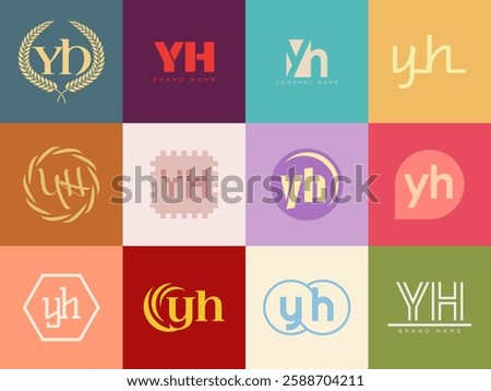 YH logo company template. Letter y and h logotype. Set different classic serif lettering and modern bold text with design elements. Initial font typography. Collection trendy business identity.