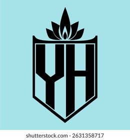 YH Logo featuring a minimalist design with a crown-like flower symbol on top, bold black elements, and a soft blue background, perfect for branding and modern visual identity.