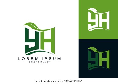 YH logo monogram with green leaf nature organic bio curved shape premium vector design template