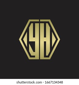 Monograma del logotipo YH con plantilla de diseño redondeado de línea hexagonal con colores dorados
