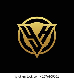 YH logo monogram with triangle shape and circle rounded style isolated on gold colors and black background design template