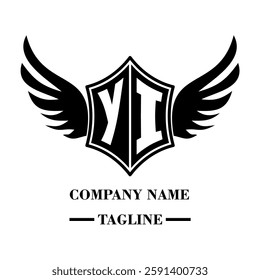 YI bold shield logo with wings, customizable with letters A to Z. Perfect for brands seeking a powerful symbol of strength, freedom, and ambition