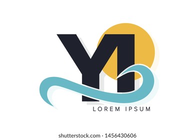 YI letter logo with ocean waves and sunset. Beach concept design