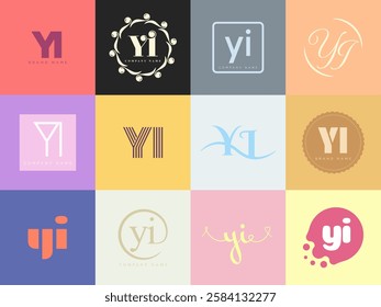 YI logo company template. Letter y and i logotype. Set different classic serif lettering and modern bold text with design elements. Initial font typography. Collection trendy business identity.