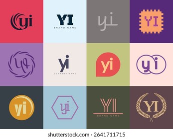YI logo company template. Letter y and i logotype. Set different classic serif lettering and modern bold text with design elements. Initial font typography. Collection trendy business identity.