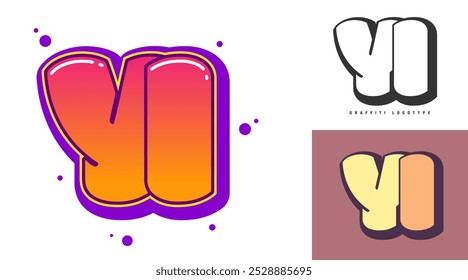 YI logo design for festival or party. Initial letter y and i in graffiti style. Creative modern lettering company name of font typography. Kids trendy logotype or identity. Vector illustration.