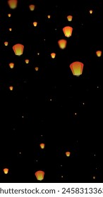 Yi peng festival card. Thailand holiday with paper lantern lights flying in the night sky. Traditional Yi Peng celebration. Vector illustration on black background.