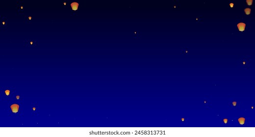 Yi peng festival card. Thailand holiday with paper lantern lights flying in the night sky. Traditional Yi Peng celebration. Vector illustration on dark blue background.