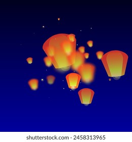 Yi peng festival card. Thailand holiday with paper lantern lights flying in the night sky. Traditional Yi Peng celebration. Vector illustration on dark blue background.