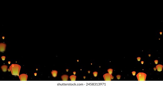 Yi peng festival card. Thailand holiday with paper lantern lights flying in the night sky. Traditional Yi Peng celebration. Vector illustration on black background.