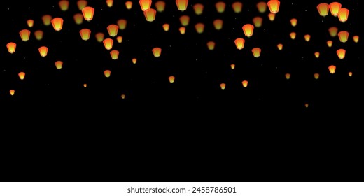 Yi peng festival card. Thailand holiday with paper lantern lights flying in the night sky. Traditional Yi Peng celebration. Vector illustration on black background.