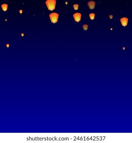 Yi peng festival card. Thailand holiday with paper lantern lights flying in the night sky. Traditional Yi Peng celebration. Vector illustration on dark blue background.