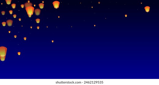 Yi peng festival card. Thailand holiday with paper lantern lights flying in the night sky. Traditional Yi Peng celebration. Vector illustration on dark blue background.