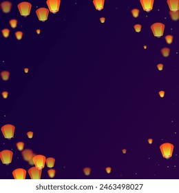 Yi peng festival card. Thailand holiday with paper lantern lights flying in the night sky. Traditional Yi Peng celebration. Vector illustration on purple gradient background.
