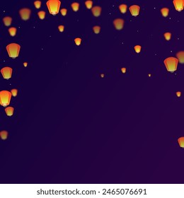 Yi peng festival card. Thailand holiday with paper lantern lights flying in the night sky. Traditional Yi Peng celebration. Vector illustration on purple gradient background.