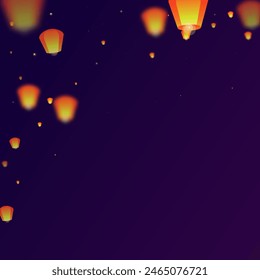 Yi peng festival card. Thailand holiday with paper lantern lights flying in the night sky. Traditional Yi Peng celebration. Vector illustration on purple gradient background.