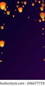 Yi peng festival card. Thailand holiday with paper lantern lights flying in the night sky. Traditional Yi Peng celebration. Vector illustration on purple gradient background.