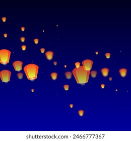 Yi peng festival card. Thailand holiday with paper lantern lights flying in the night sky. Traditional Yi Peng celebration. Vector illustration on dark blue background.