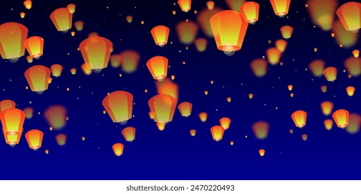 Yi peng festival card. Thailand holiday with paper lantern lights flying in the night sky. Traditional Yi Peng celebration. Vector illustration on dark blue background.