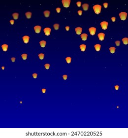 Yi peng festival card. Thailand holiday with paper lantern lights flying in the night sky. Traditional Yi Peng celebration. Vector illustration on dark blue background.