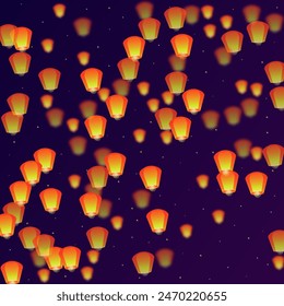 Yi peng festival card. Thailand holiday with paper lantern lights flying in the night sky. Traditional Yi Peng celebration. Vector illustration on purple gradient background.