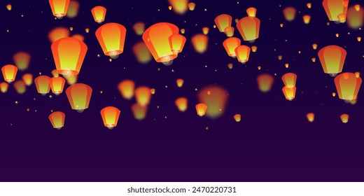 Yi peng festival card. Thailand holiday with paper lantern lights flying in the night sky. Traditional Yi Peng celebration. Vector illustration on purple gradient background.