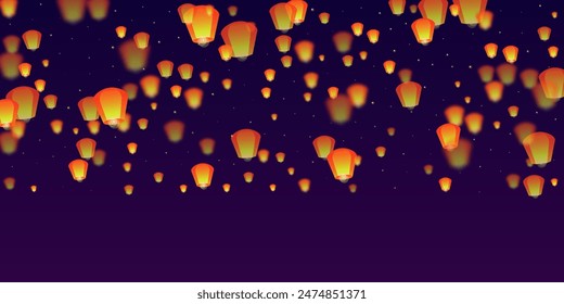 Yi peng festival card. Thailand holiday with paper lantern lights flying in the night sky. Traditional Yi Peng celebration. Vector illustration on purple gradient background.