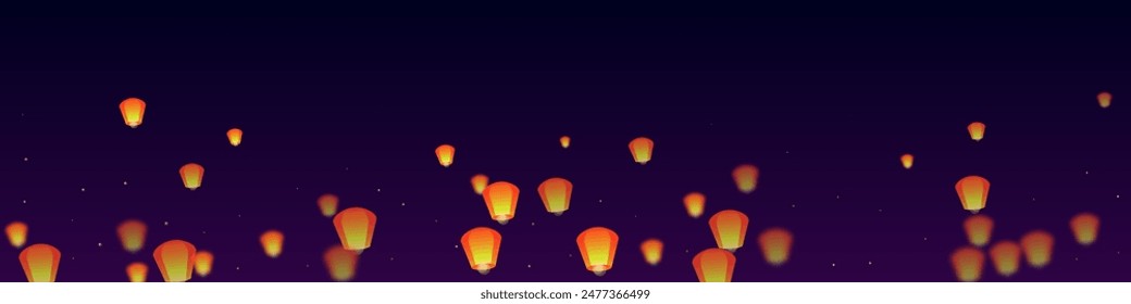 Yi peng festival card. Thailand holiday with paper lantern lights flying in the night sky. Traditional Yi Peng celebration. Vector illustration on purple gradient background.