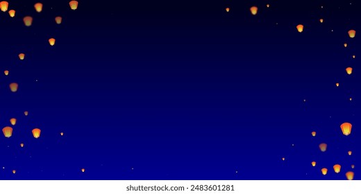 Yi peng festival card. Thailand holiday with paper lantern lights flying in the night sky. Traditional Yi Peng celebration. Vector illustration on dark blue background.