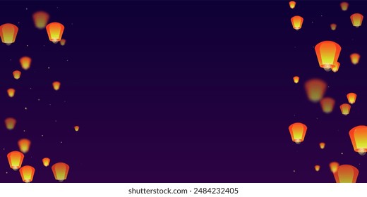 Yi peng festival card. Thailand holiday with paper lantern lights flying in the night sky. Traditional Yi Peng celebration. Vector illustration on purple gradient background.