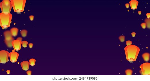 Yi peng festival card. Thailand holiday with paper lantern lights flying in the night sky. Traditional Yi Peng celebration. Vector illustration on purple gradient background.