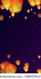 Yi peng festival card. Thailand holiday with paper lantern lights flying in the night sky. Traditional Yi Peng celebration. Vector illustration on purple gradient background.